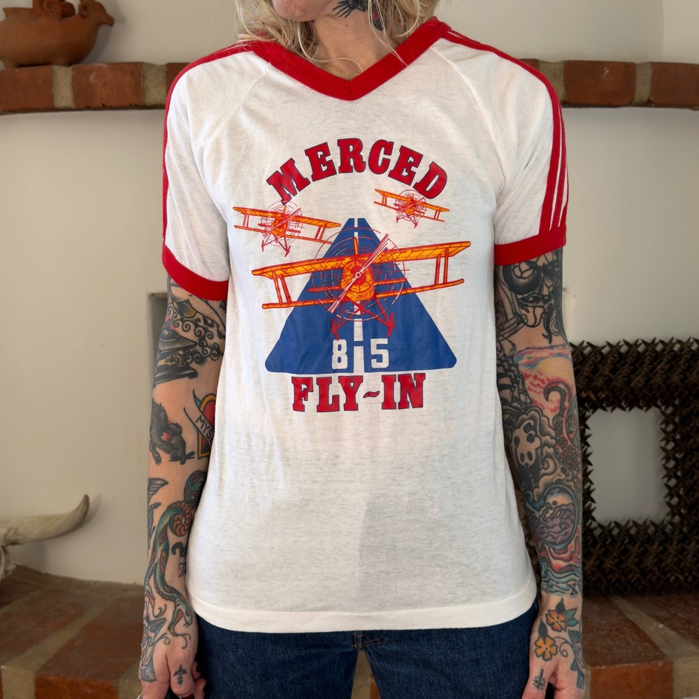 Vintage Lexington Merced Fly In Ringer Shirt Mens M White Red Biplane V Neck